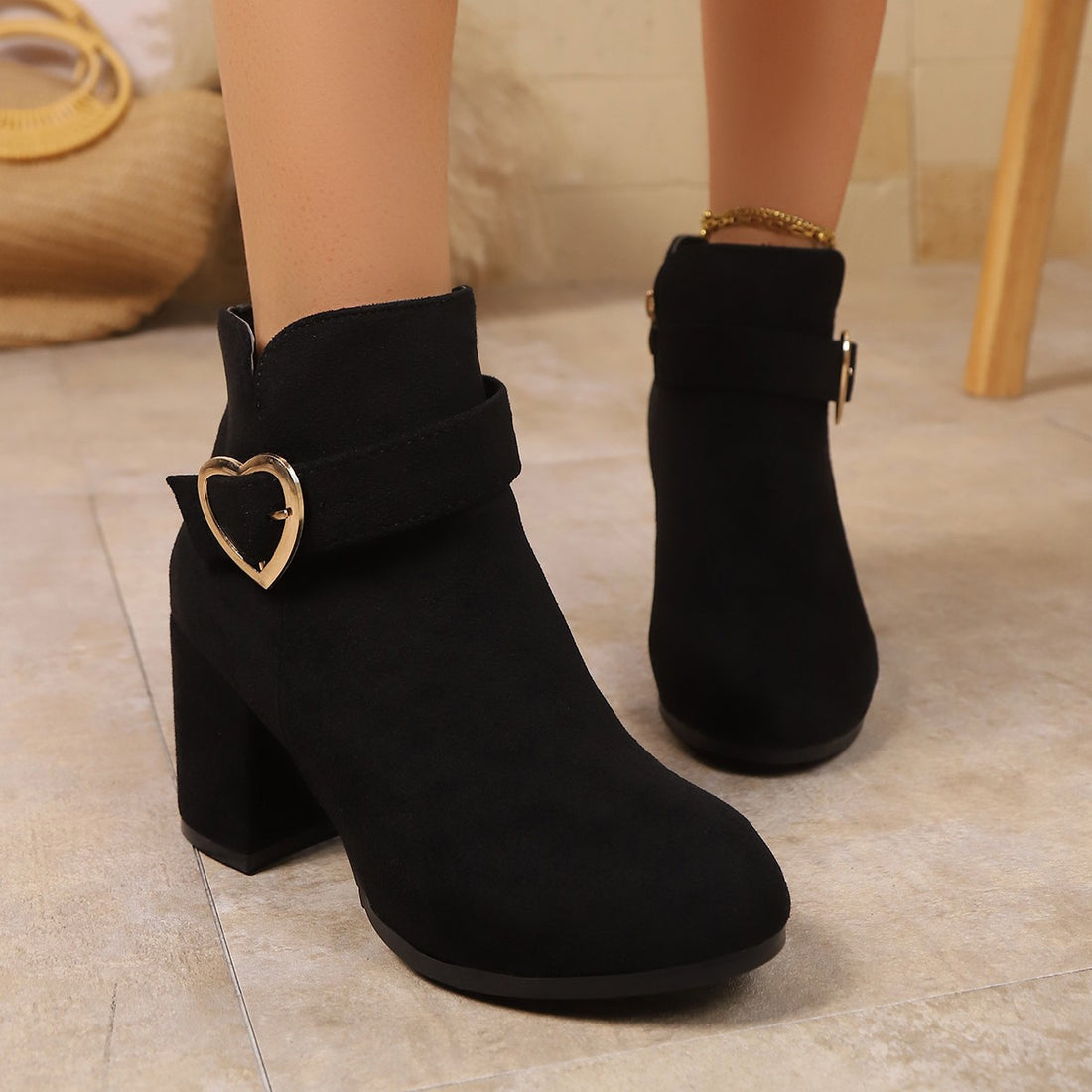 Women's Suede Thick Heel Boots with Metal Buckle and Side Zipper