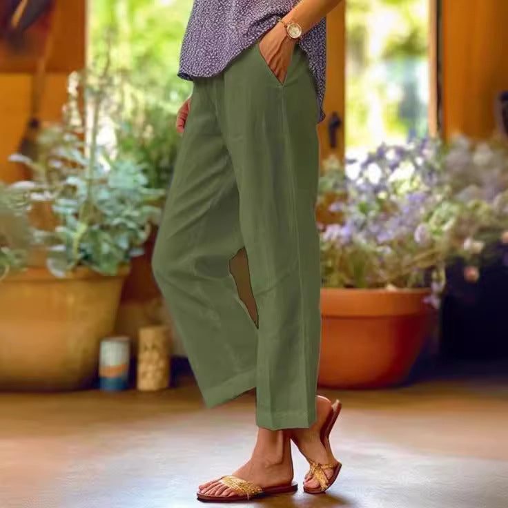 Elastic-waist straight-leg casual pants with pockets