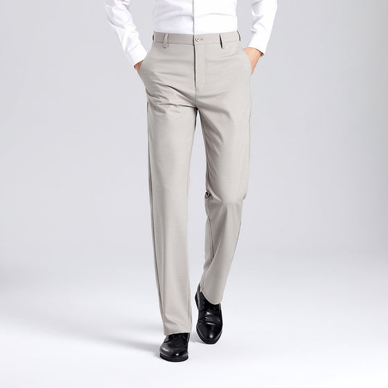 Light gray straight-leg pants with dress shoes