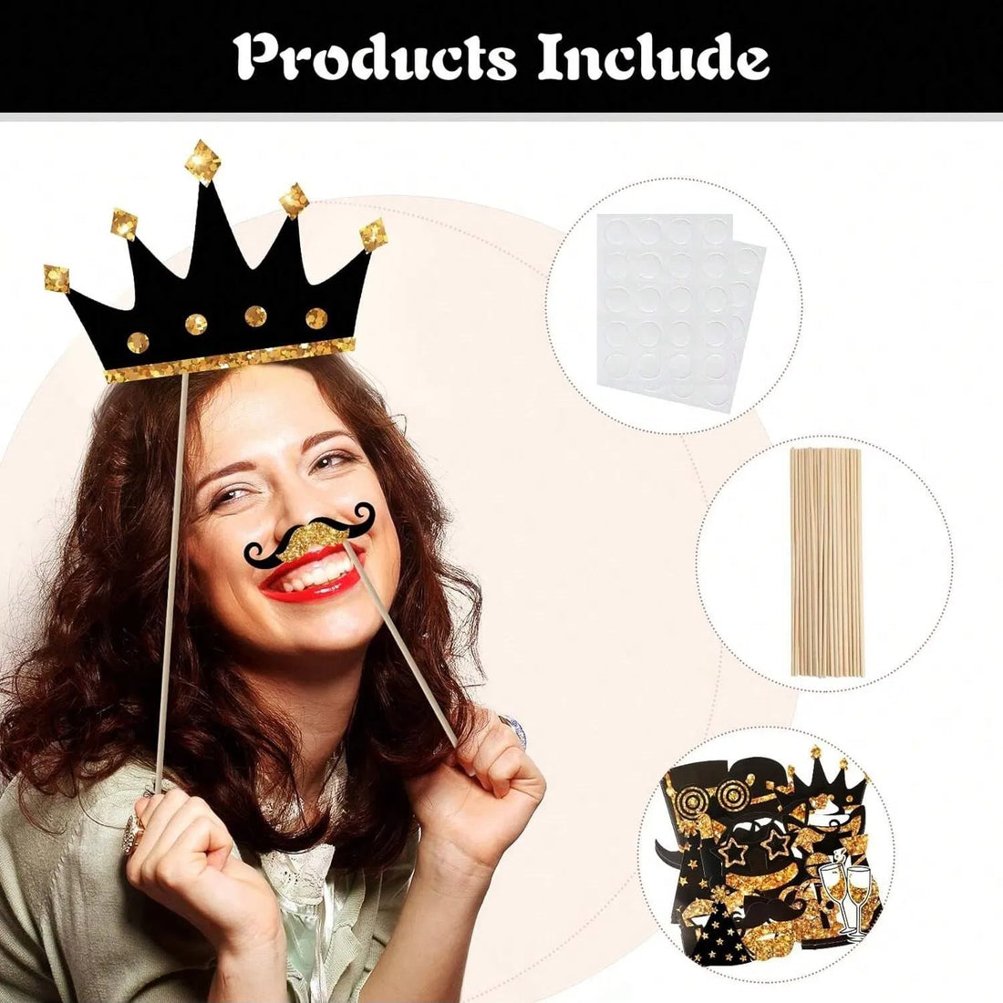 Photo booth props kit contents with a woman holding crown and mustache props