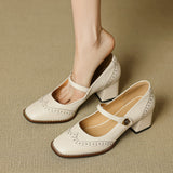 Women's Genuine Leather Brogue Chunky Heel Shoes