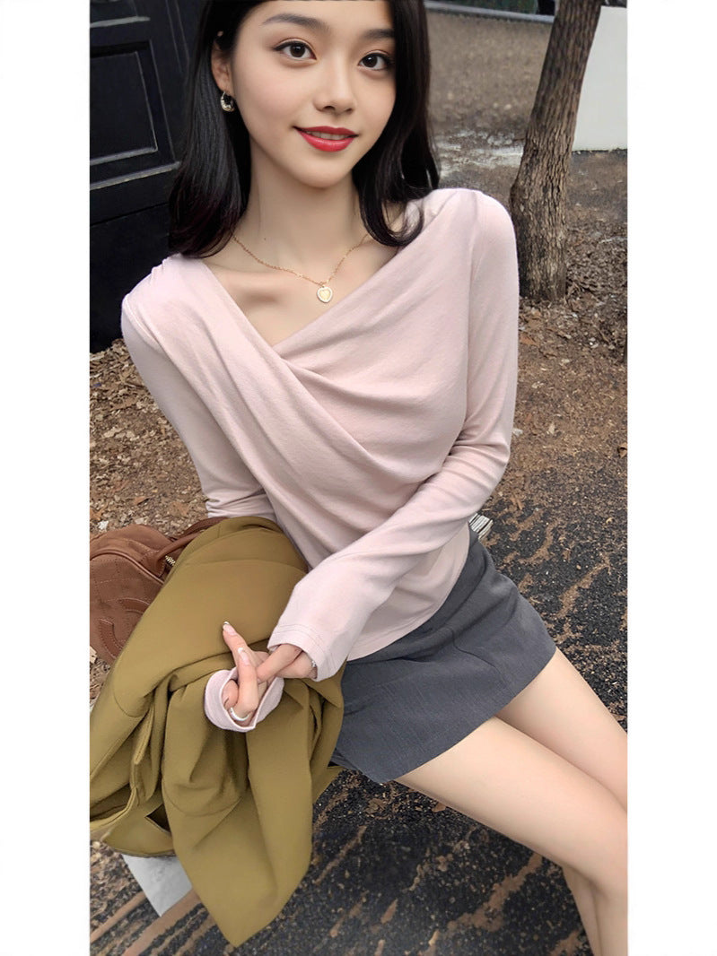 Pure Desire One-Shoulder Collar Long-Sleeved Knit Tight Inner Base Top