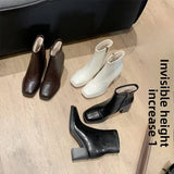 Women's Retro Square Toe Short Boots with Invisible Height Increase