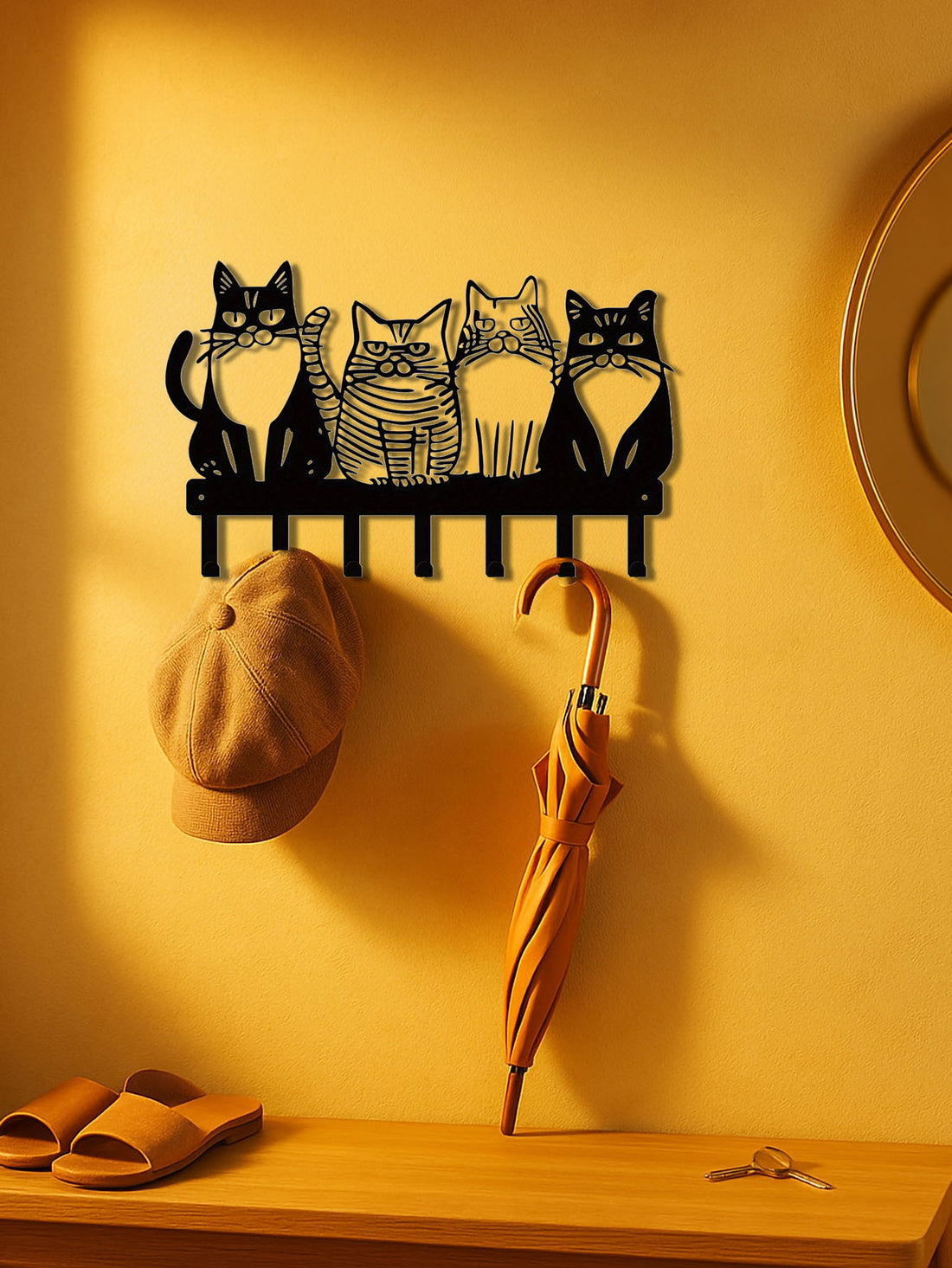 Cat wall hook rack holding a hat and umbrella