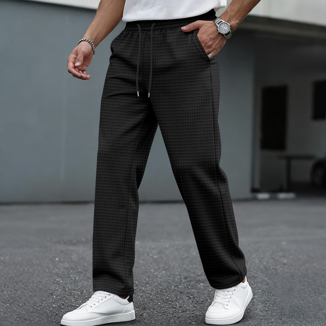 men's new large checkered drawstring casual pants, lightweight, breathable, comfortable straight-leg pocket trousers