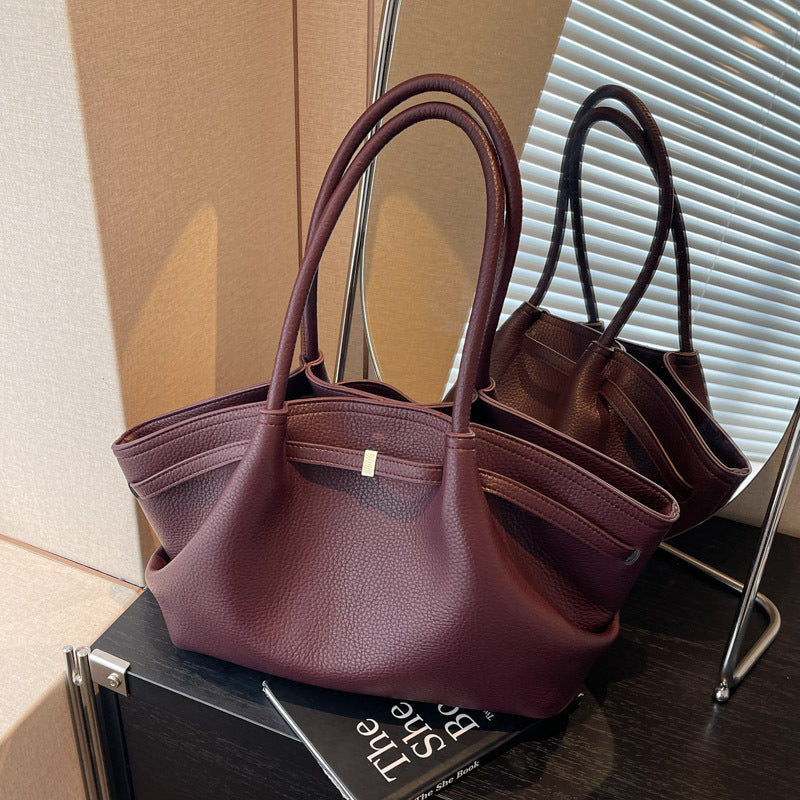 Women's Solid Color PU Tote Bag Casual Versatile Shoulder Handbag with Magnetic Buckle