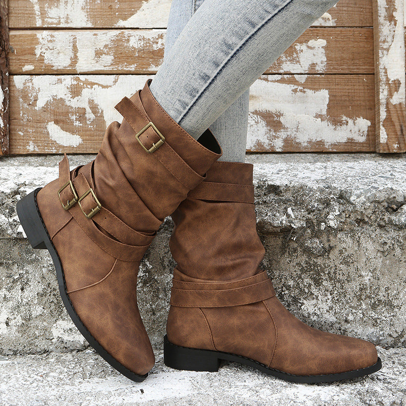 Womens Round Toe Flat Heel Sheepskin Mid Calf Boots