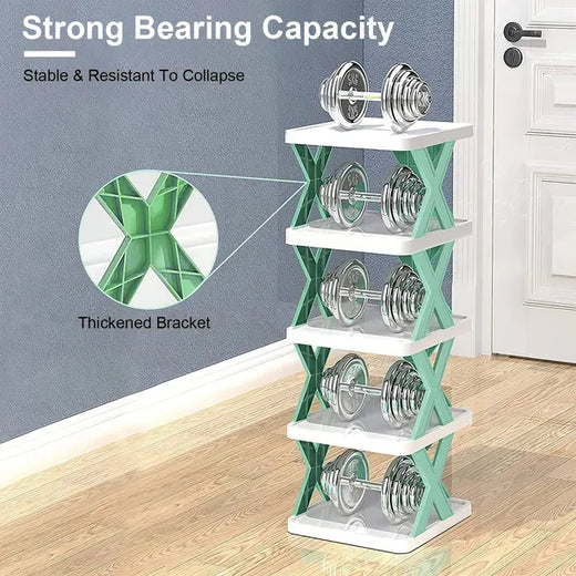 Close-up of iron shelf tiers holding multiple shoe pairs