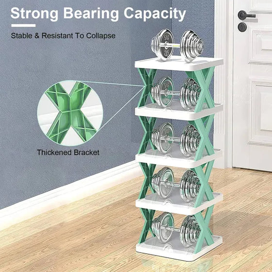 Close-up of iron shelf tiers holding multiple shoe pairs
