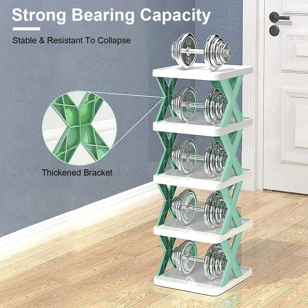 Close-up of iron shelf tiers holding multiple shoe pairs