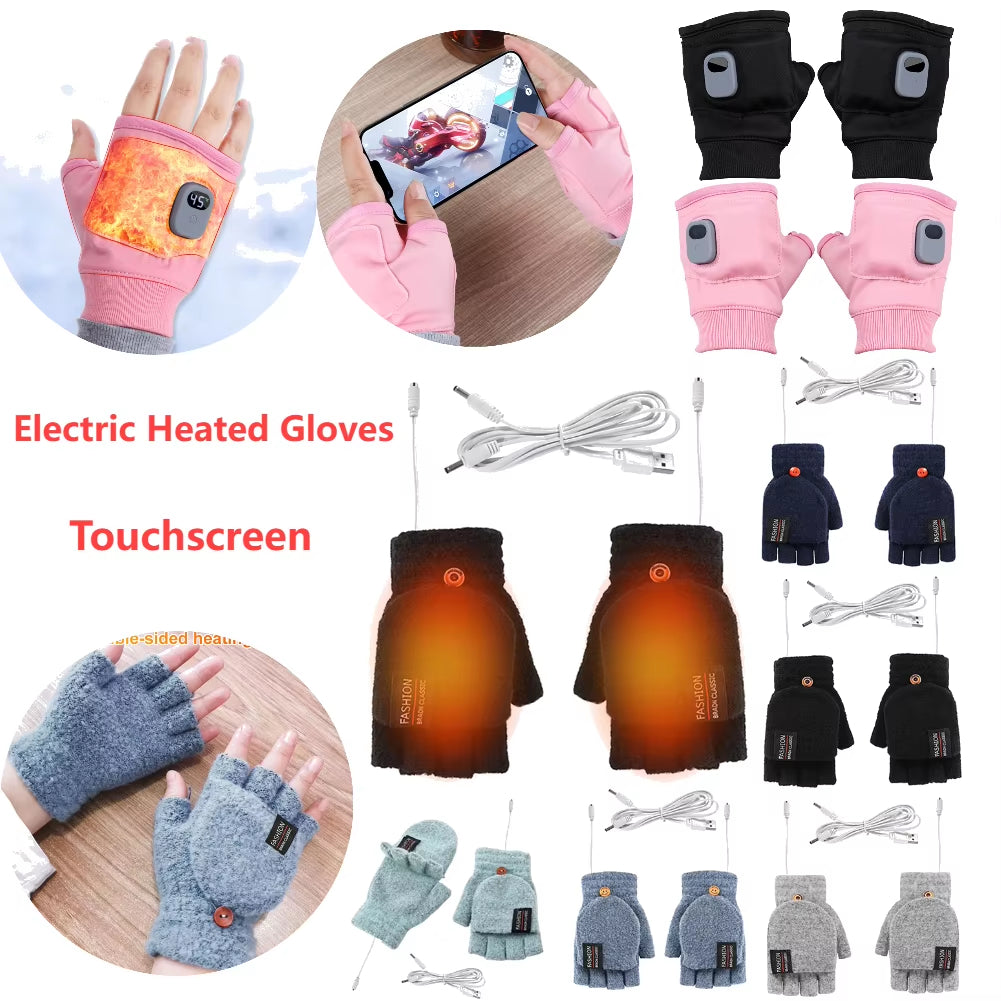Collage of heated fingerless gloves in several colors with USB cable