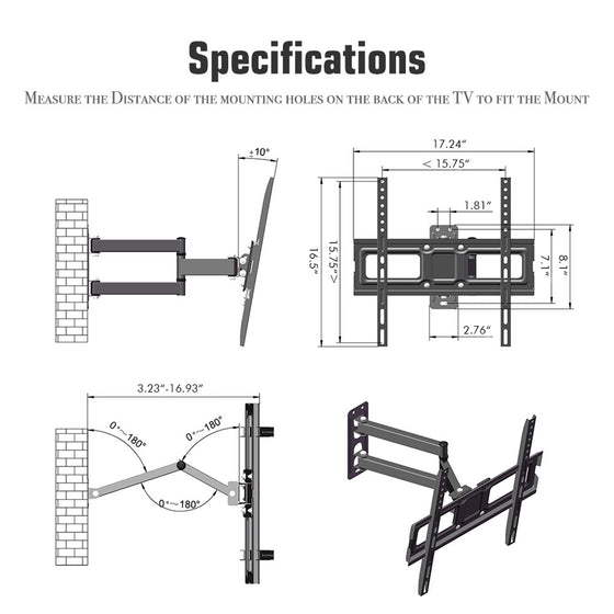 TV wall mount specifications and dimensions diagram