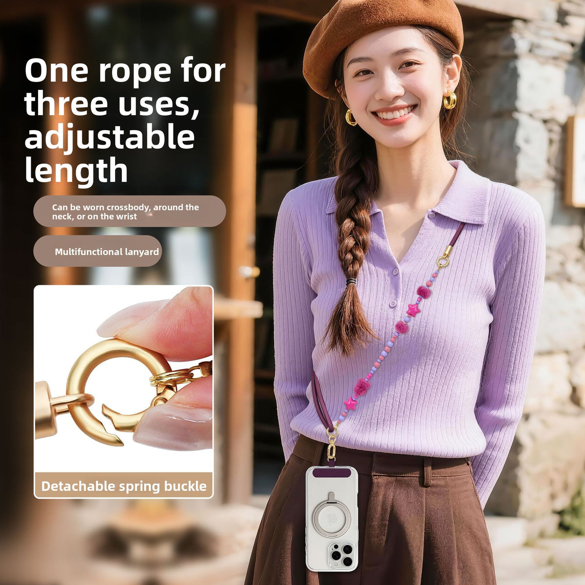 Furry Beaded Phone Strap Long Crossbody Neck Anti-Loss Chain