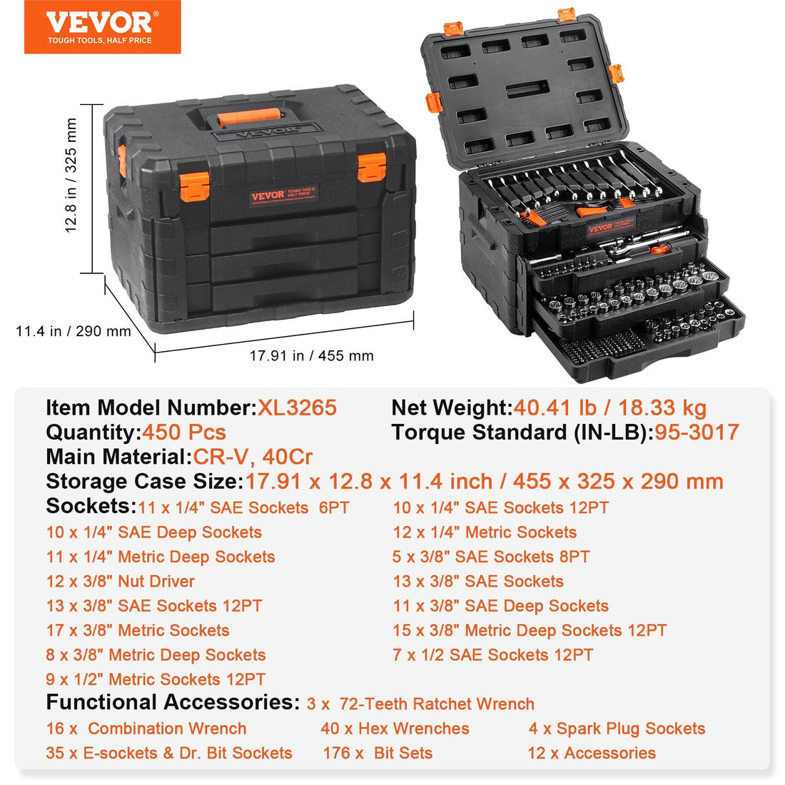 Arbasa 450-Piece Mechanics Tool Set Kit size reference view