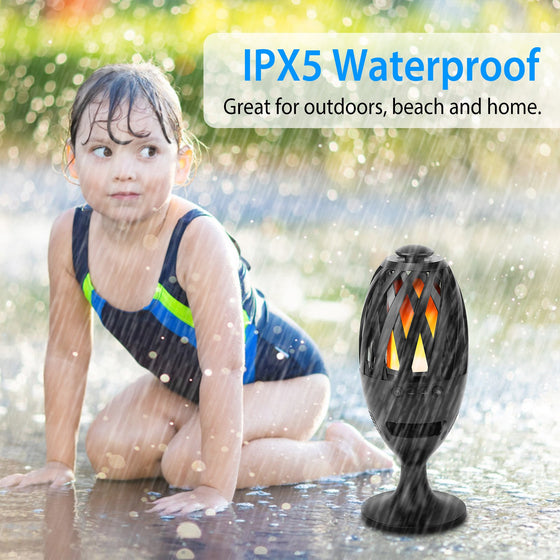 Child playing in the rain next to the flame speaker, IPX5 splash note