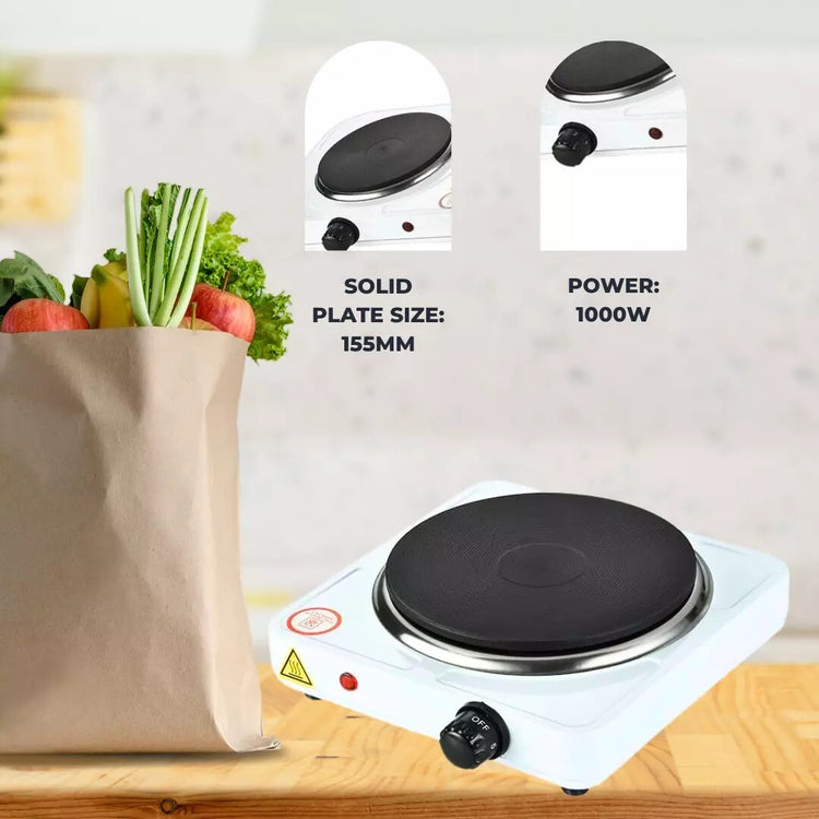 White 1000W electric hot plate with single burner