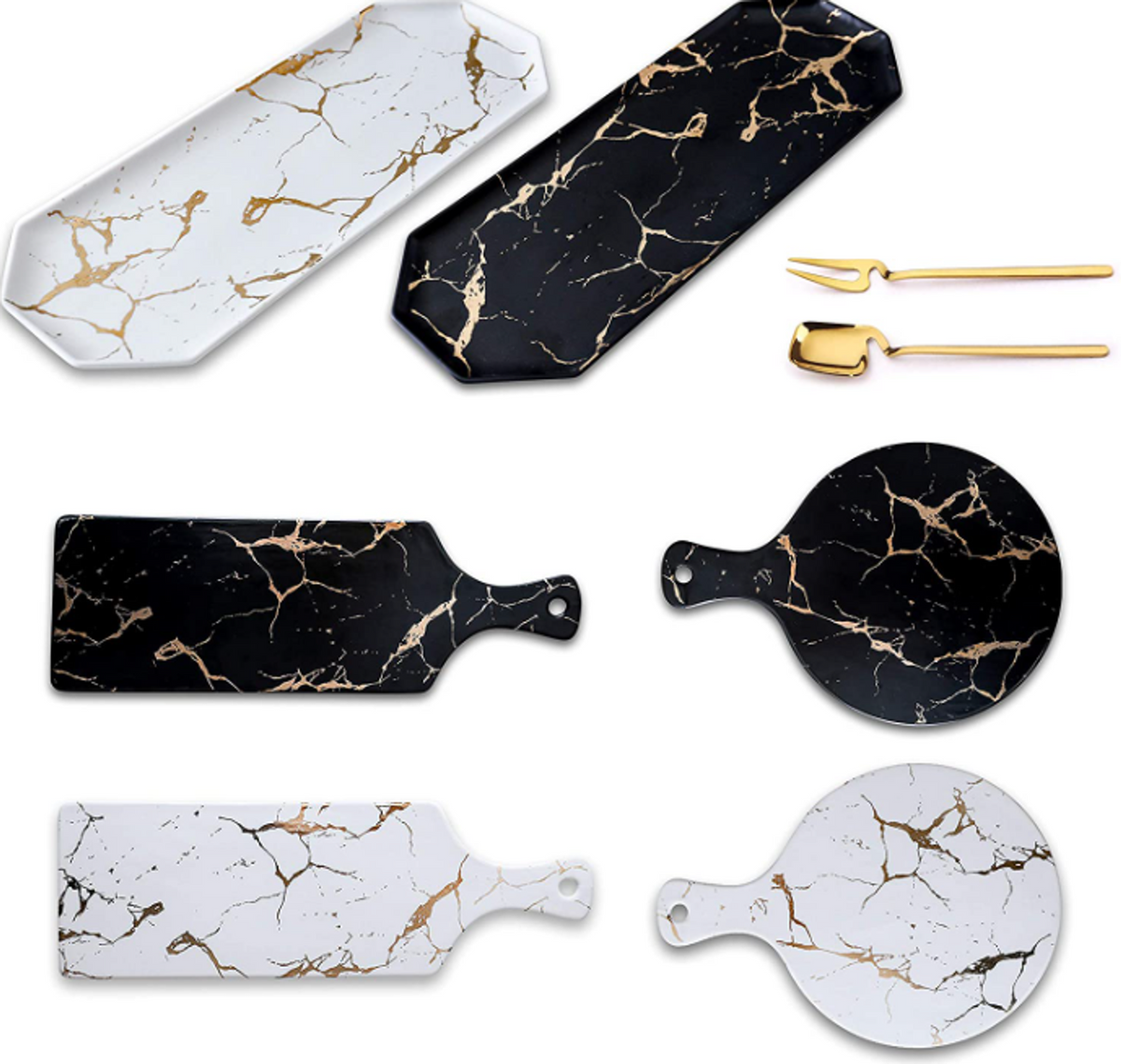 Oval Ceramic Serving Platter Tray with Gold Marble Pattern