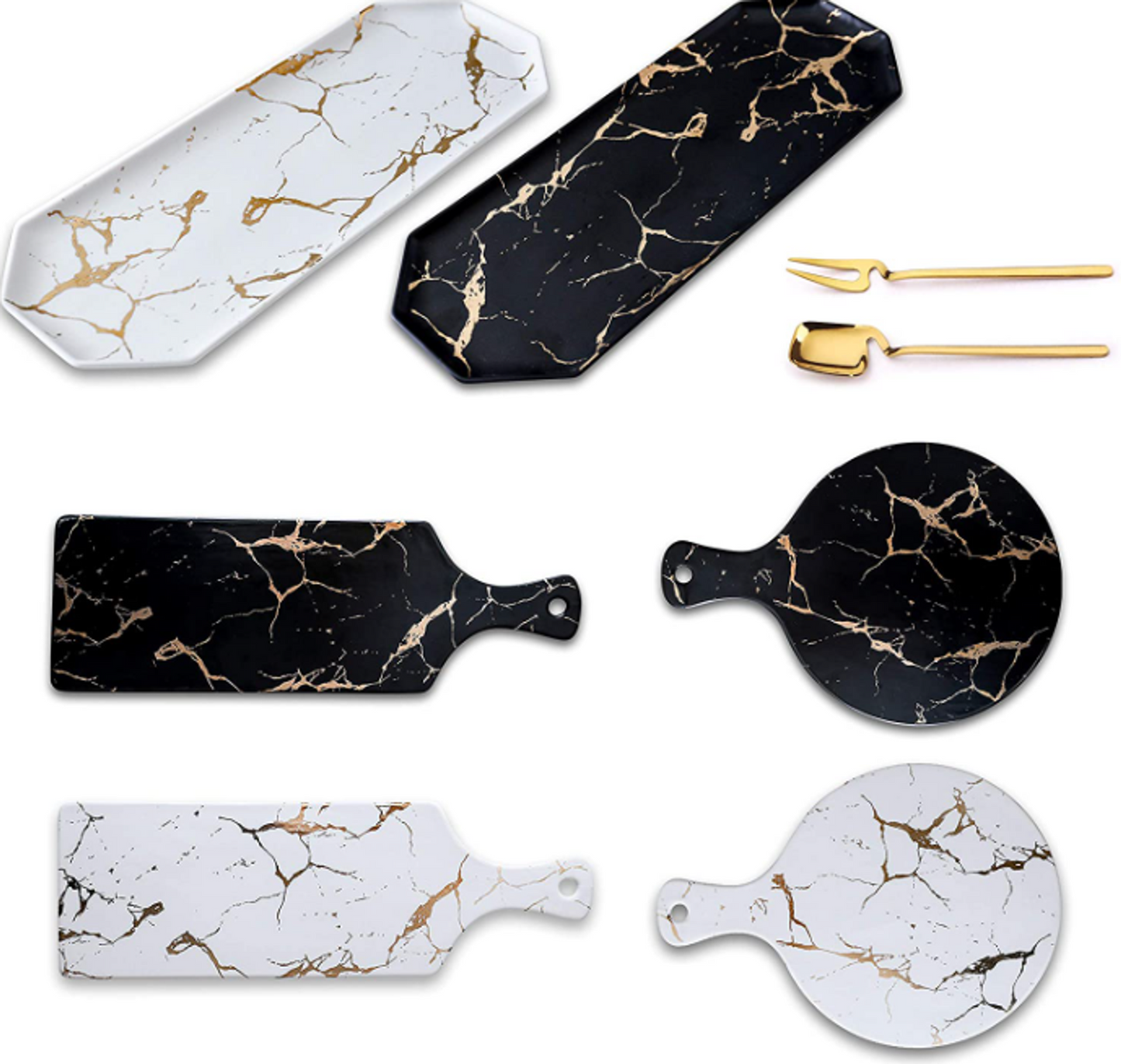 Round Ceramic Serving Platter Tray with Gold Marble Pattern