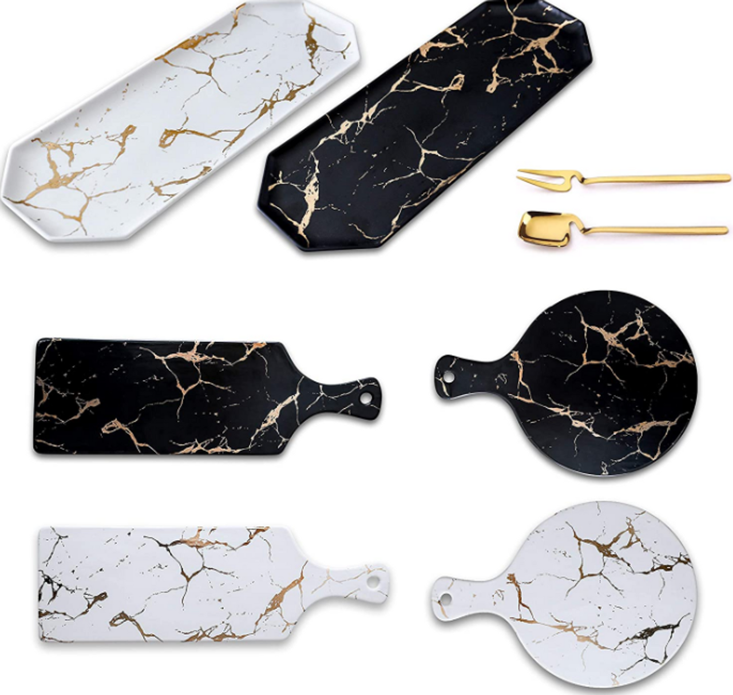 Oval Ceramic Serving Platter Tray with Gold Marble Pattern