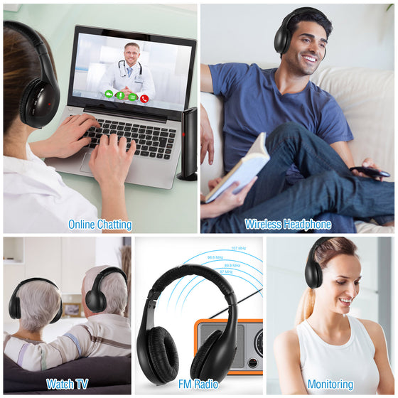People using RF headphones for video calls, TV and FM radio