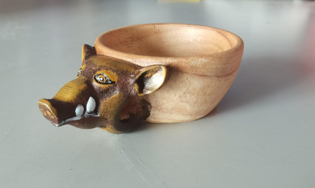 Kuksa wooden mug with carved wild boar head handle, Wild Boar Painting style