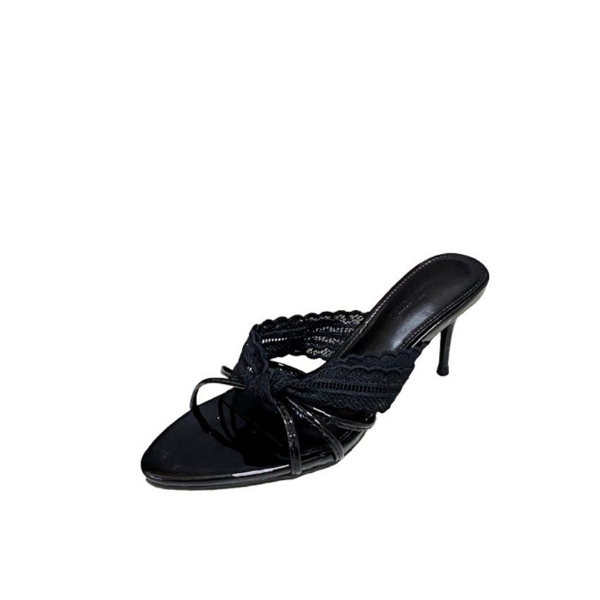 Women's Lace Bow Thin Heel PU Sandals Summer Pointed Toe Outdoor Slides