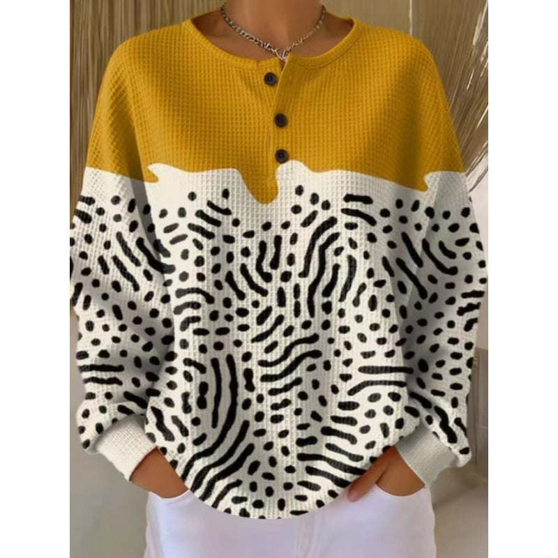 Women's 3D Printed Slim Fit Waffle Knit Stand Collar Long Sleeve Polo Shirt