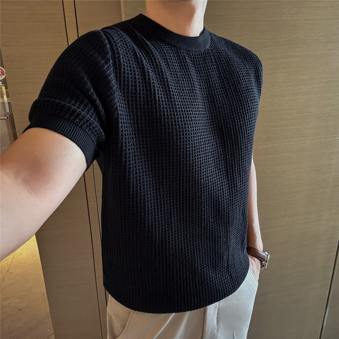Men's Thick Waffle Knit Cotton Round Neck Sweater