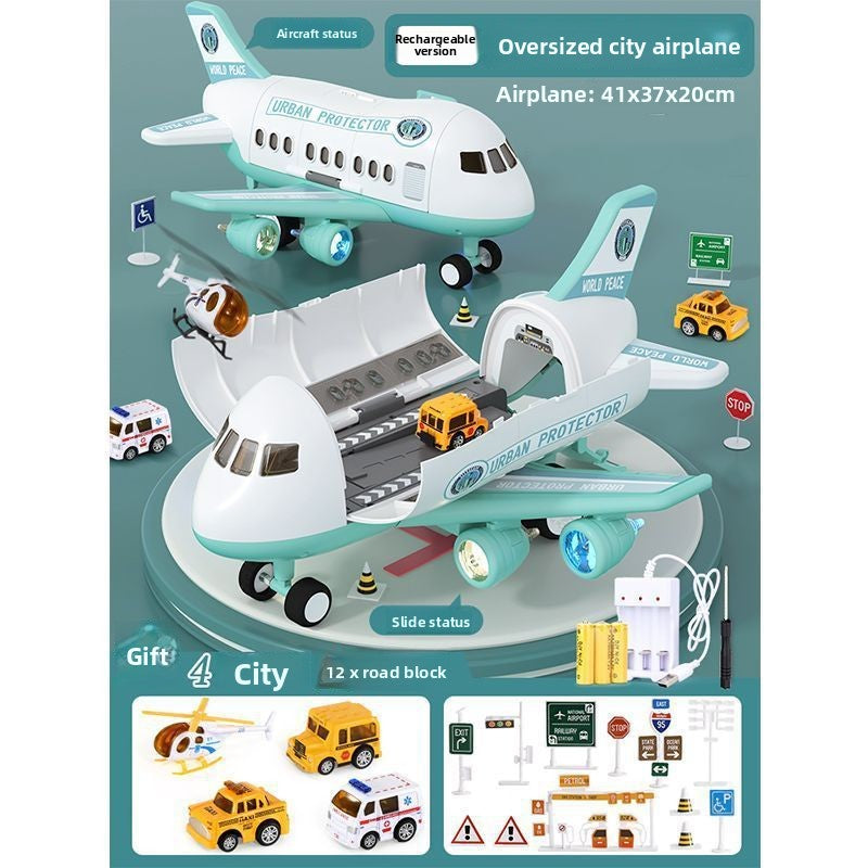 Large transforming aircraft playset, rechargeable city plane with 4 cars gift box