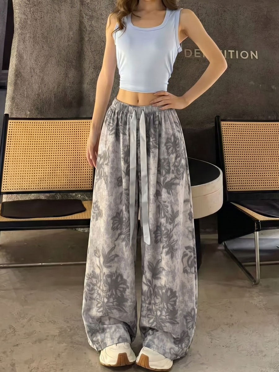 Women's artistic print wide-leg casual pants with elastic waist, photo 4