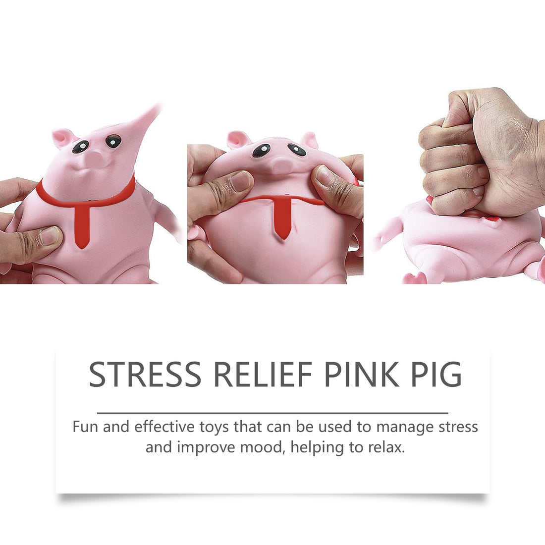 Hands squeezing and stretching the pink pig stress toy