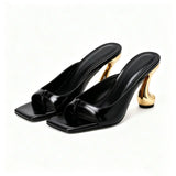 Metallic Square-Toe Open-Toe Slippers with Chunky Heel