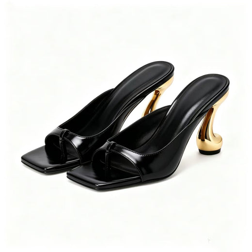 Metallic Square-Toe Open-Toe Slippers with Chunky Heel