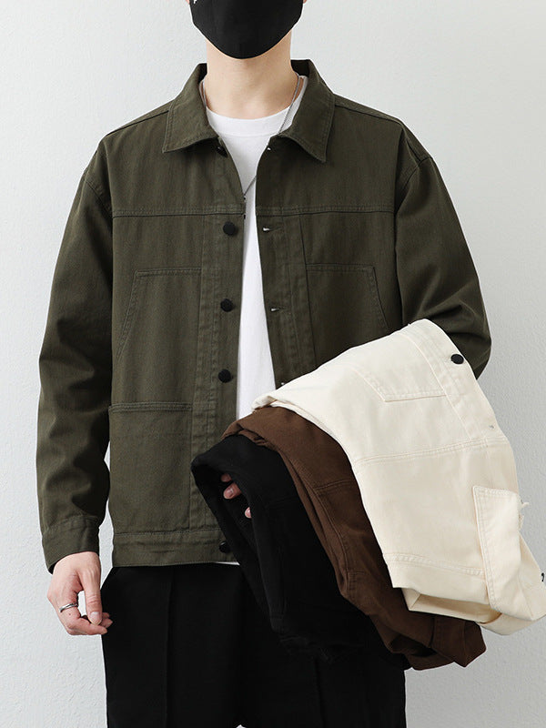 Men's Pure Cotton Lapel Jacket Solid Color Long Sleeve Casual Loose Coat