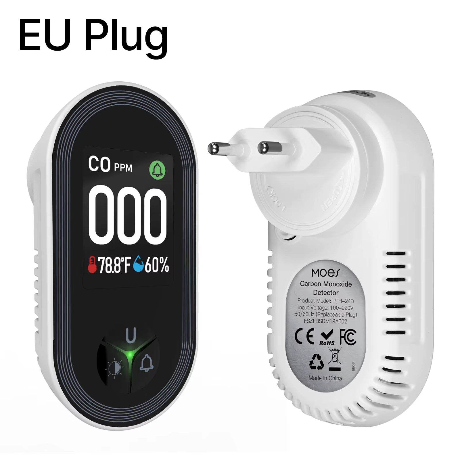 3In1 Carbon Monoxide Detector Plug-In Display with Temperature Humidity Sensor Built-In CO Monitor Alarm Sound Warning