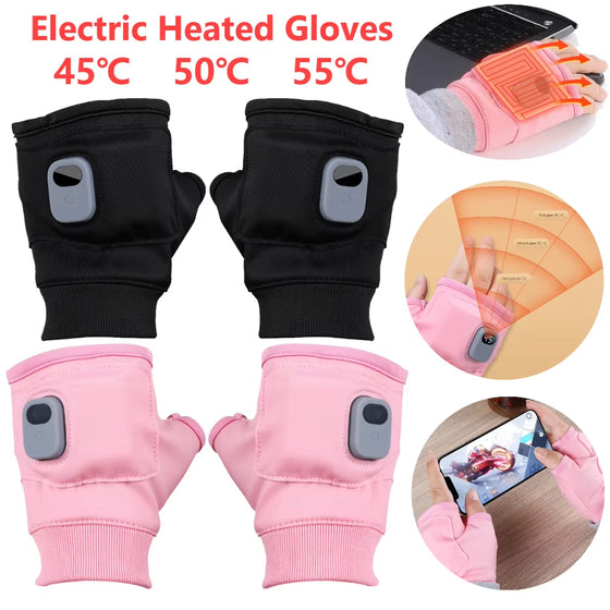 Black and pink heated fingerless gloves with three heat levels shown as 45, 50 and 55 C