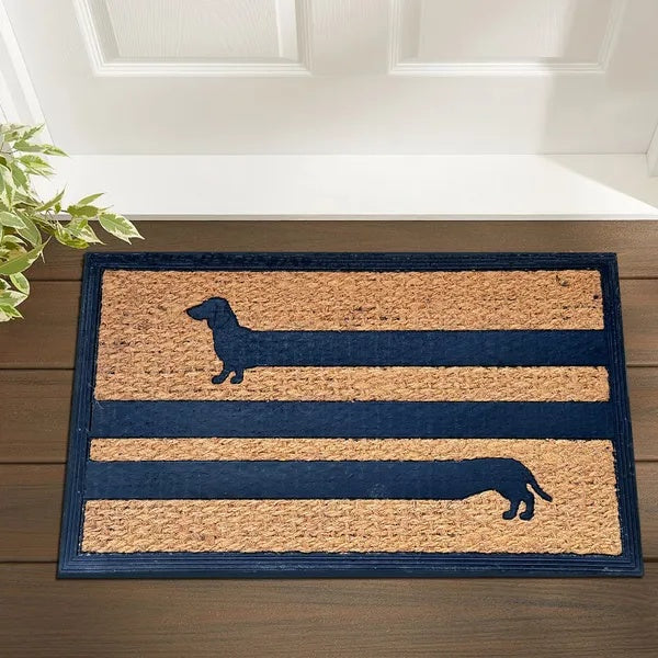 Natural coir welcome mat with dachshund stripe design at an entryway