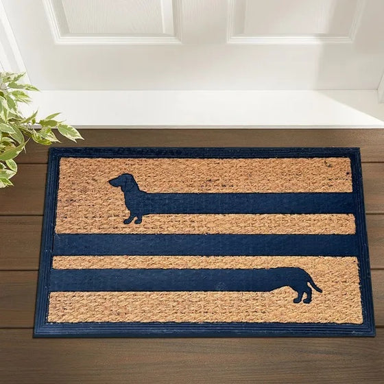 Natural coir welcome mat with dachshund stripe design at an entryway