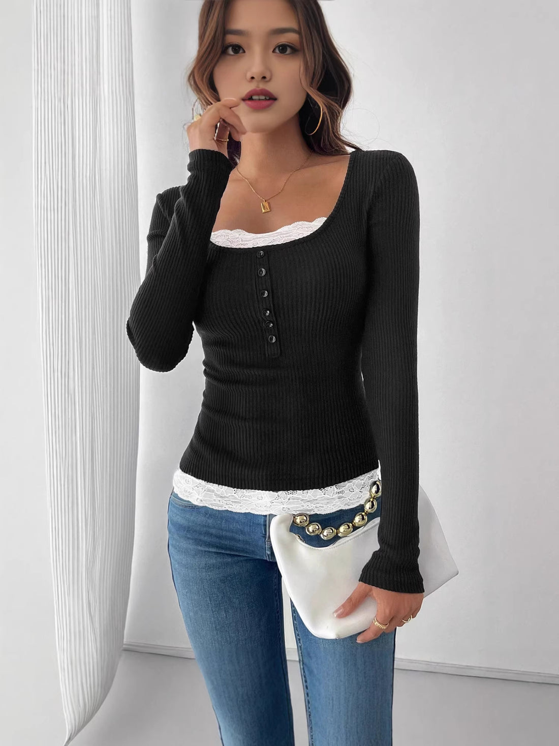 Women's Square Neck Lace Patchwork Slim Fit Long Sleeve Top