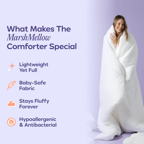 Woman wrapped in a white comforter with feature notes