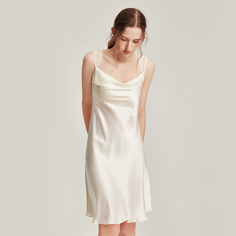 Mulberry silk midi slip nightgown with lace trim, photo 2