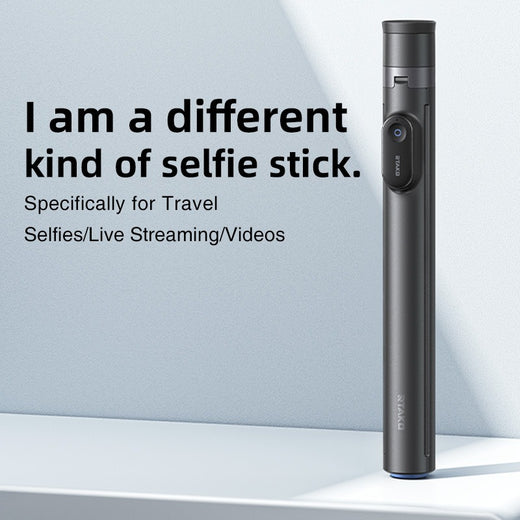 Selfie stick tripod collapsed to compact carry size