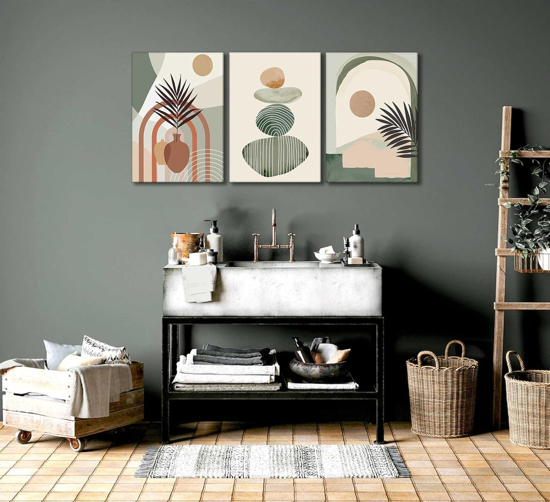 Boho canvas set displayed above a bed