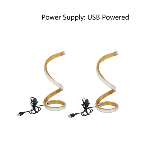 Two golden spiral lamps with USB cables, labeled USB powered