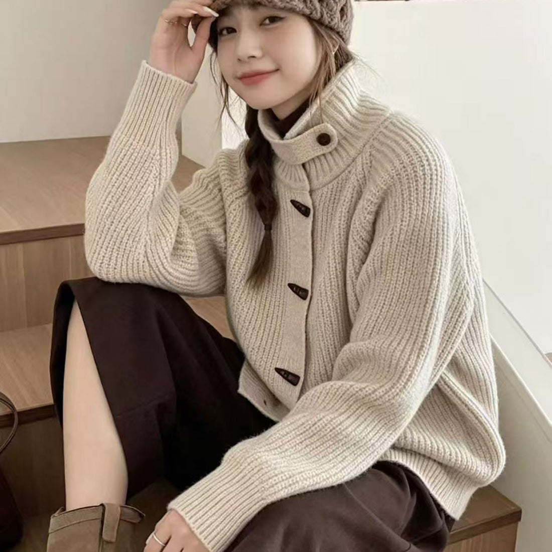Women Knitted High Collar Cardigan Horn Button Thick Sweater