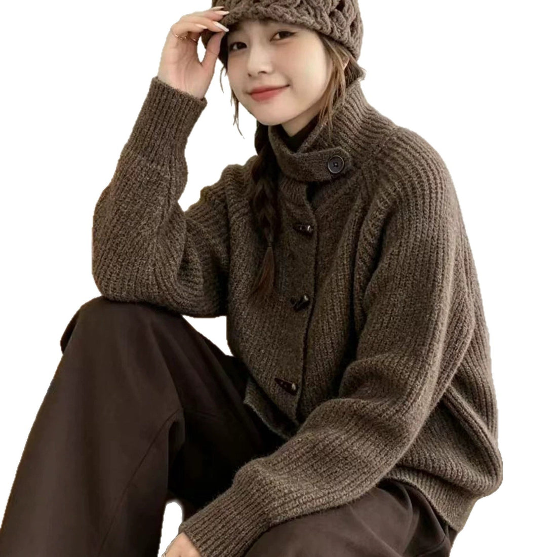 Women Knitted High Collar Cardigan Horn Button Thick Sweater