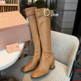 Women's Chunky Heel Knight Boots with Gold Buckle