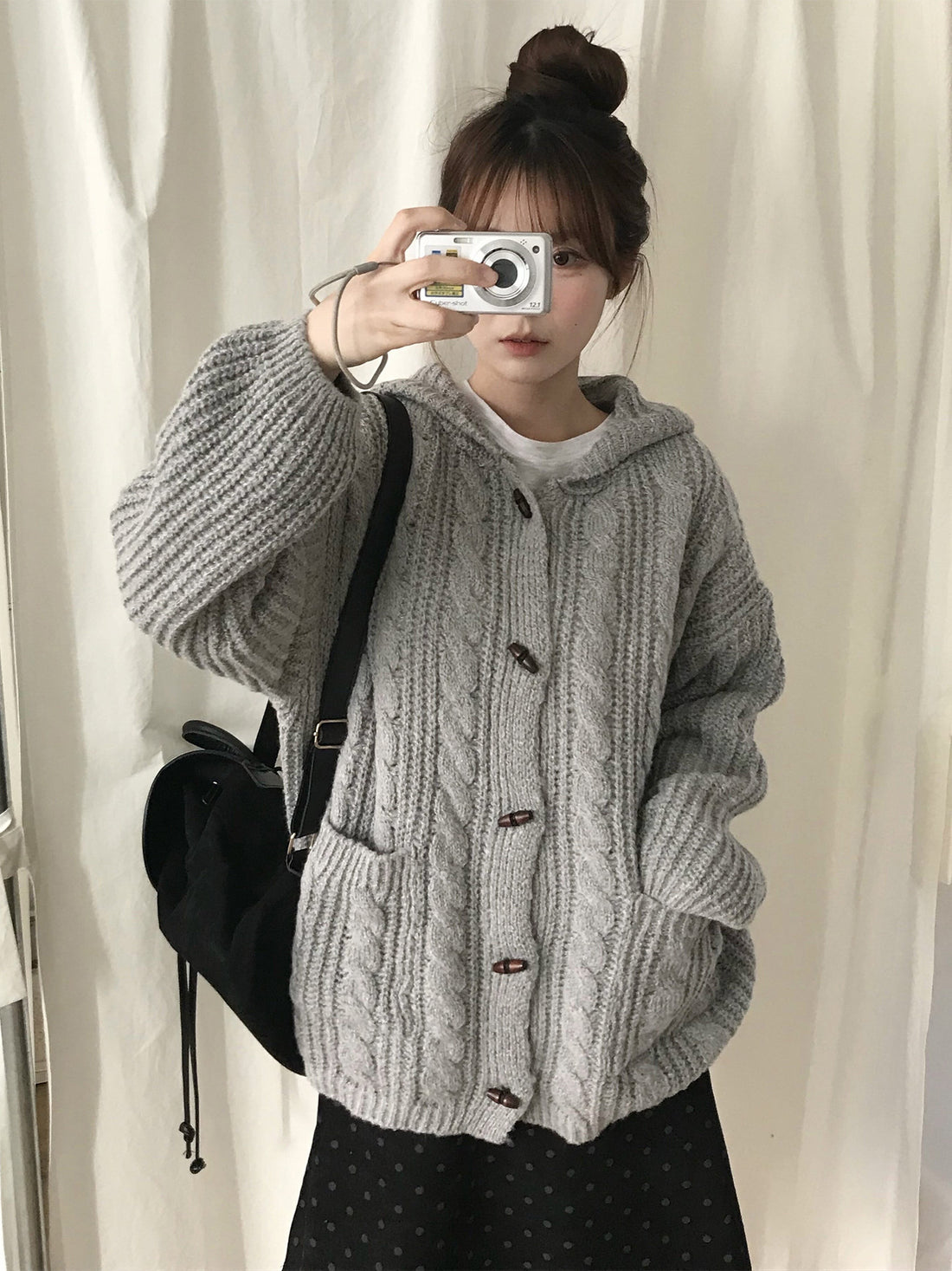 Women's Gray Hooded Button Knit Sweater Jacket