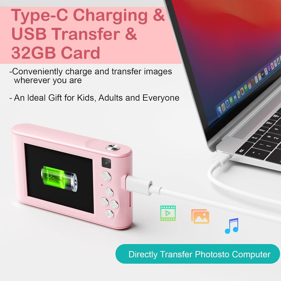 Pink kids camera charging by Type-C cable from a laptop, 32GB card