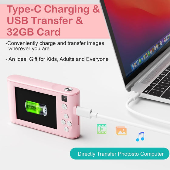 Pink kids camera charging by Type-C cable from a laptop, 32GB card